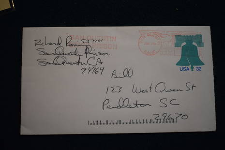 Richard Ramirez SERIAL KILLER signed letter and envelope: The Night Stalker, handwritten letter and original mailing envelope. Perhaps an odd niche collection of crime related signed letters from a collector that corresponded with the worst of the worst for