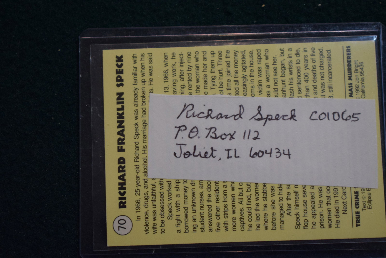 Richard Speck SERIAL KILLER signed address cut w card (1 of 1)