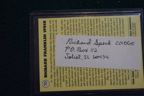 Richard Speck SERIAL KILLER signed address cut w card: Perhaps an odd niche collection of crime related signed letters from a collector that corresponded with the worst of the worst for years!! These are TOUGH to get for those who are looking for them, gr