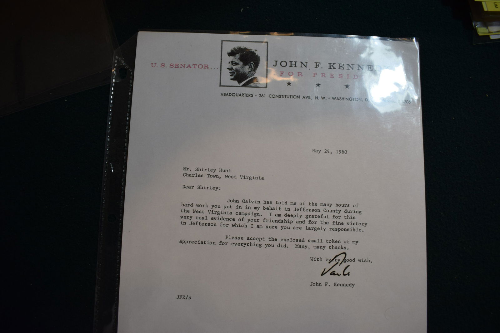 John F Kennedy signed campaign letter to volunteer w COA (1 of 1)