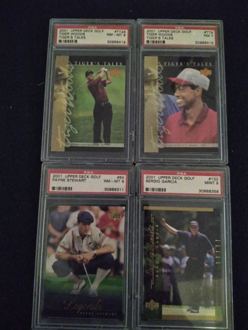 Tiger Woods, Payne Stewart, and Sergio Garcia 2001 Upper Deck golf PSA cards (4) (1 of 1)