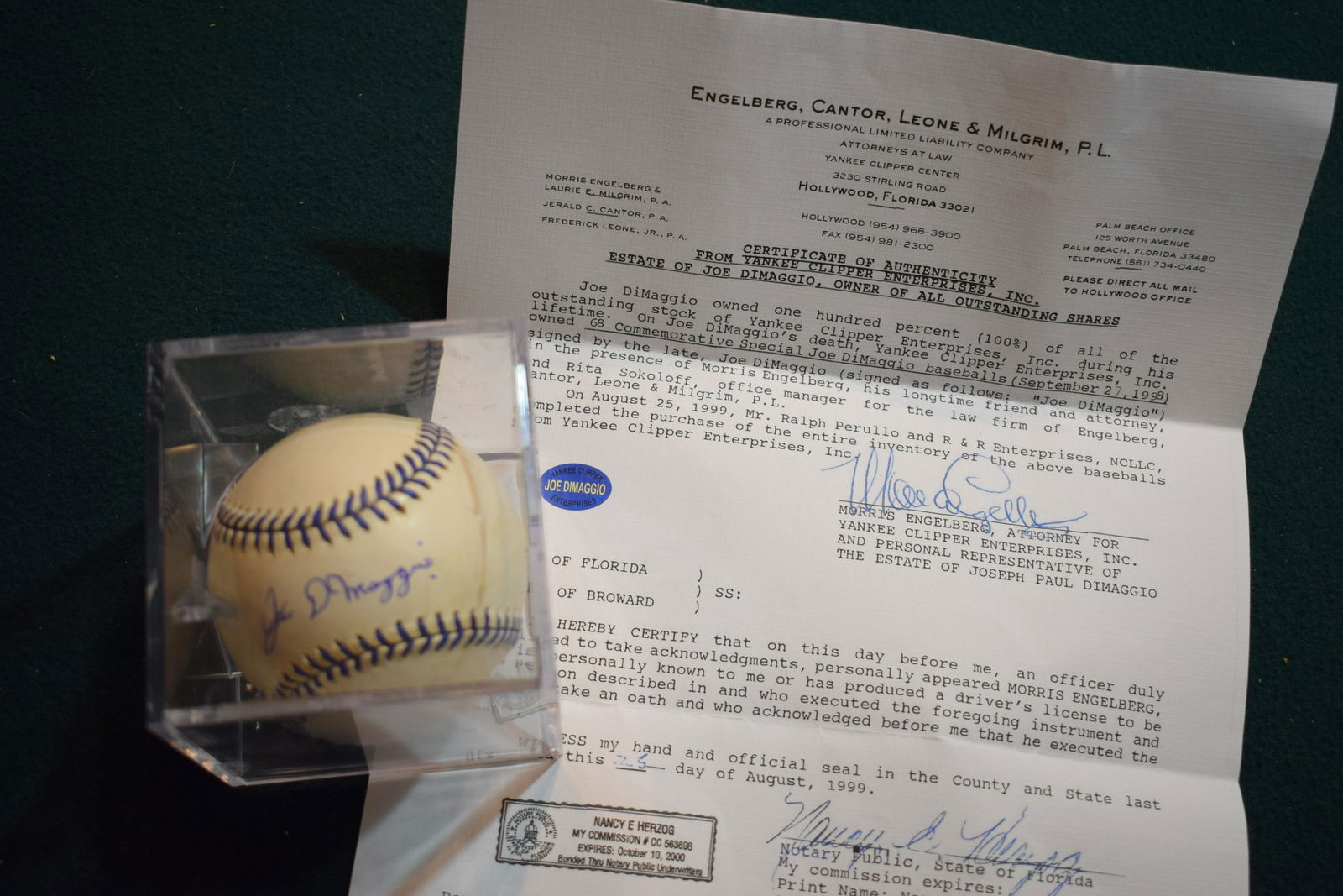 Joe DiMaggio signed Death Bed baseball w estate certification. (1 of 1)