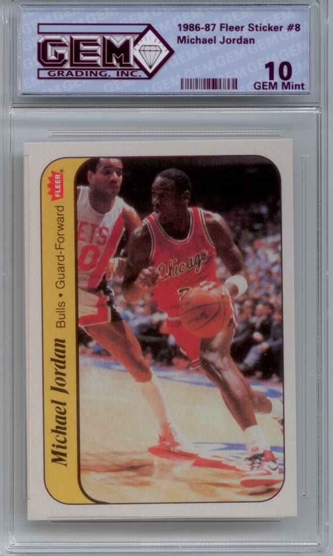 Michael Jordan #8 Sticker card 1986-87 Fleer rookie card  graded a Gem Mint 10 by GEM GRADING (1 of 1)