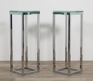 PAIR OF MODERNIST CHROME AND GLASS PEDESTALS: Pair of Modernist chrome and glass pedestal tables from the 20th century with Beveled square glass tops. Once cleaned and polished, they will be spectacular!