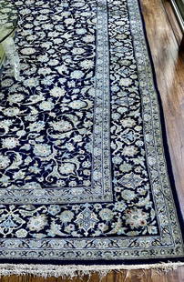 MASTER SIGNED ANTIQUE PERSIAN KASHAN FLOOR RUG IN STUNNING TONES OF BLUE: What a find! Unbelievable original antique SIGNED persian rug in gorgeous blues, creams, ivories, sage and brownish golds. Dynamic in its presence, unique in its styling, perfect for any home no matte