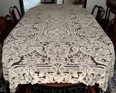 ONE OF A KIND HANDMADE NEEDLE POINT LINEN & LACE HEIRLOOM TABLECLOTH WITH NAPKINS: This exceptional linen and lace cloth is an antique needle point bobbin french lace point de venise lace tablecloth in ecru with an elaborate design. The condition is outstanding- there are no broken