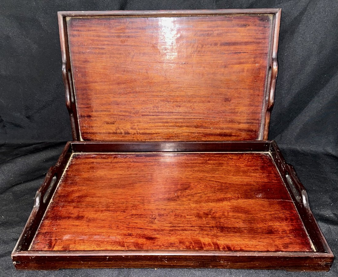 ANTIQUE NESTING JAPANESE WOODEN SERVING TRAYS IN STUNNING BROWN FRUITWOODS. (1 of 8)