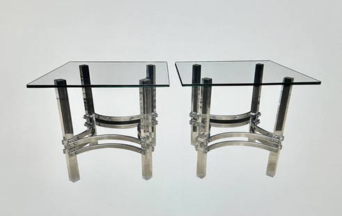 STUNNING PAIR OF 20TH CENTURY CHARLES HOLLIS JONES LUCITE SIDE TABLES: These exquisite pair of Charles Hollis Jones side tables are made of lucite, chrome, and a square glass tabletop. The square lucite legs are supported by curved chrome stretches and top with thick gla