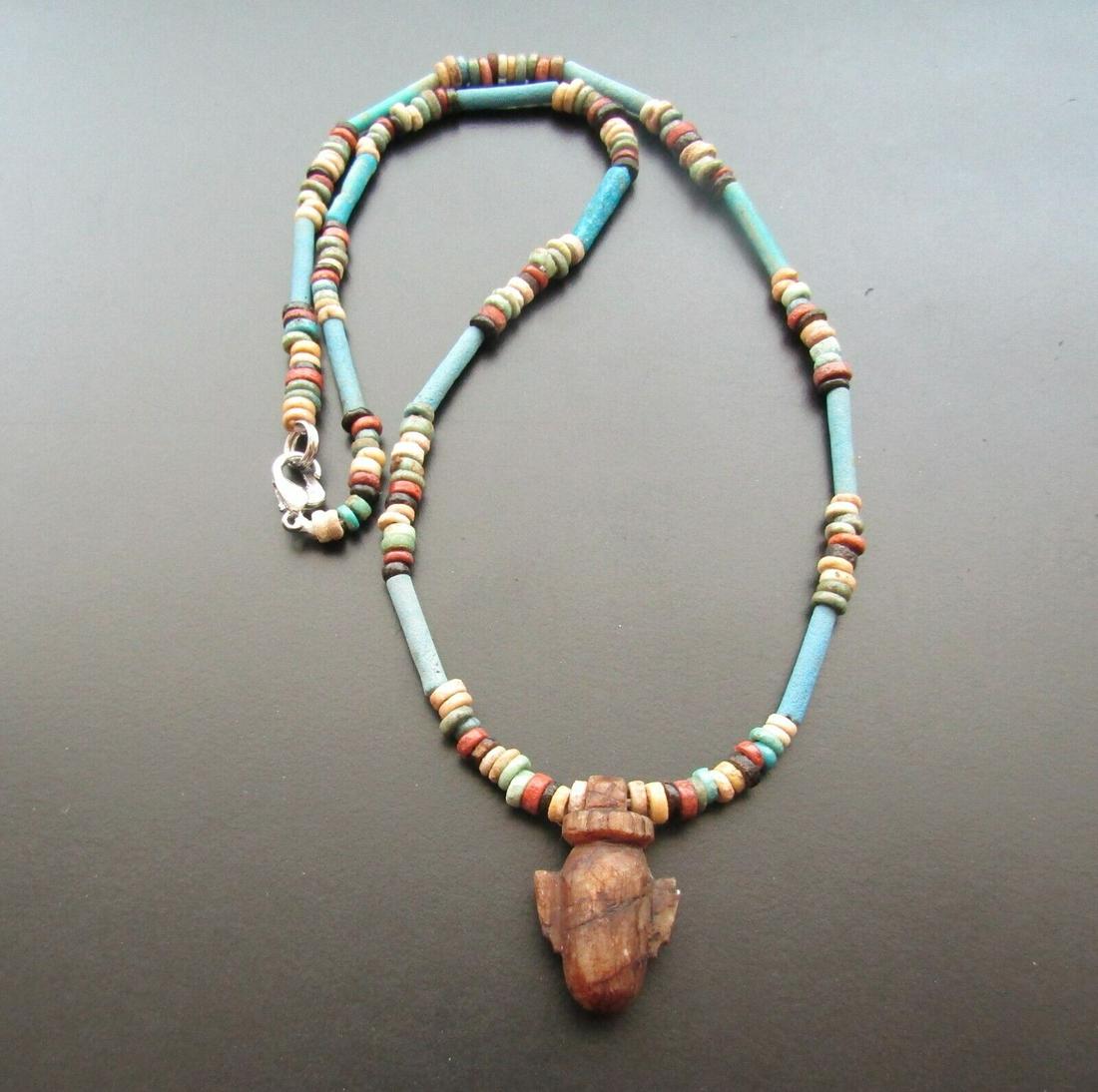 Old Rarity Heart Amulet locket Bead Necklace Egyptian: We present you an unusual ancient Egyptian amulet, created by ancient tribes, of the late period. This is an amazing product from around 1000 BC. Size: 18 inch long (457.2 mm). Good vintage condition.