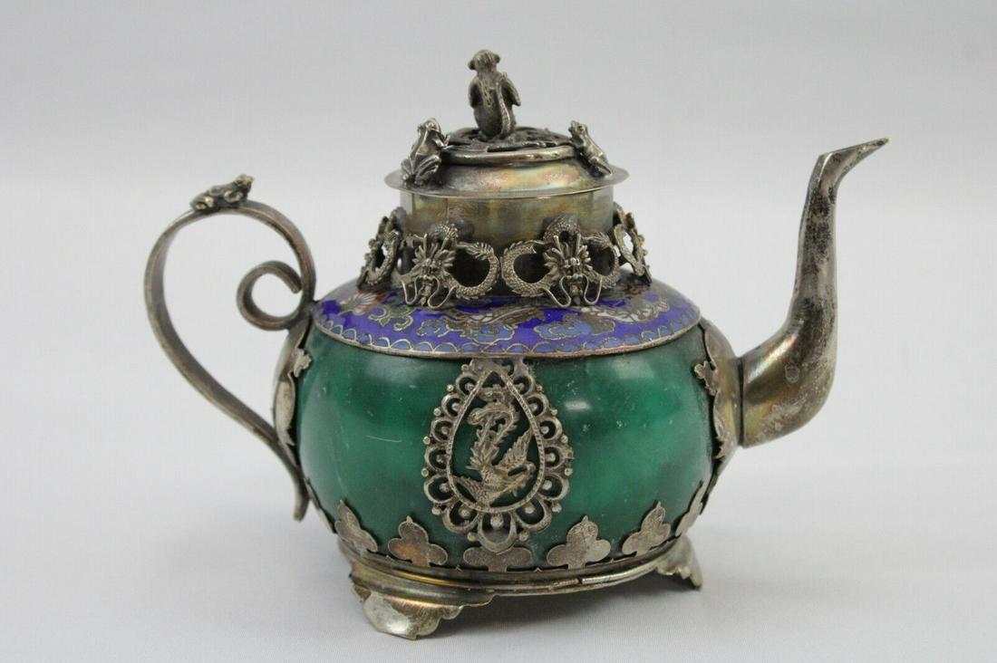 Silver teapot antique jade enameled Tibetan dragon (1 of 6)