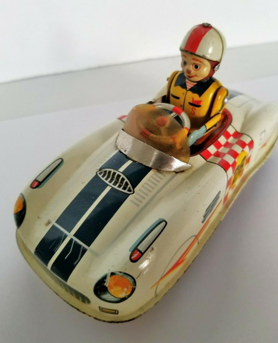 Retro Vintage Racing Car Model Automobile Yonezawa: Beautiful working toy. Racing Car Yonezawa Tinplate 1950s Battery Operated. Stop and Go Action, Driver's Arms move the Steering Wheel. Japan car model tag # S5670. Size: 6,5 inch (165 mm) x 3 inch (76