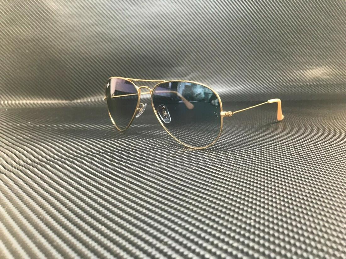 Sunglasses Ray Ban shades plastic blue box: Authentic Ray Ban sunglasses unisex, aviator style. Lens material: plastic. Frame: acetate. MODEL NUMBER: RB3025 001 3F. Original case, box and cloth. Clear gradient blue lenses. Size: 58. Bridge: 14.