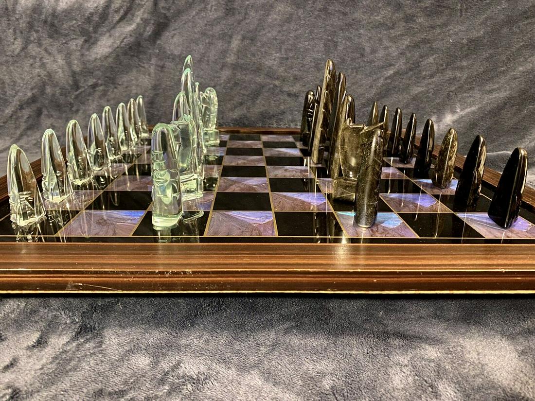 Vintage Unique Aztec Chess Set Mineral Carved Stone: This is a hand-carved obsidian golden black crystal and obsidian rock crystal chess set. All the pieces are finished with a high, smooth gloss. Each piece represents its own unique sculpture. The set
