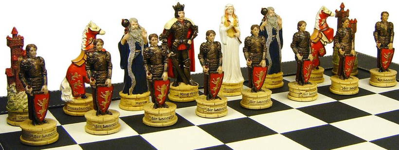 Rare Medieval Knights King Arthur Chess Figure Set: This chess set contains 32 pieces and a mosaic black board. Men are solid resin, hand painted, and have felt bottoms. Men come in a Styrofoam storage box. The board features an faux leather over wood.