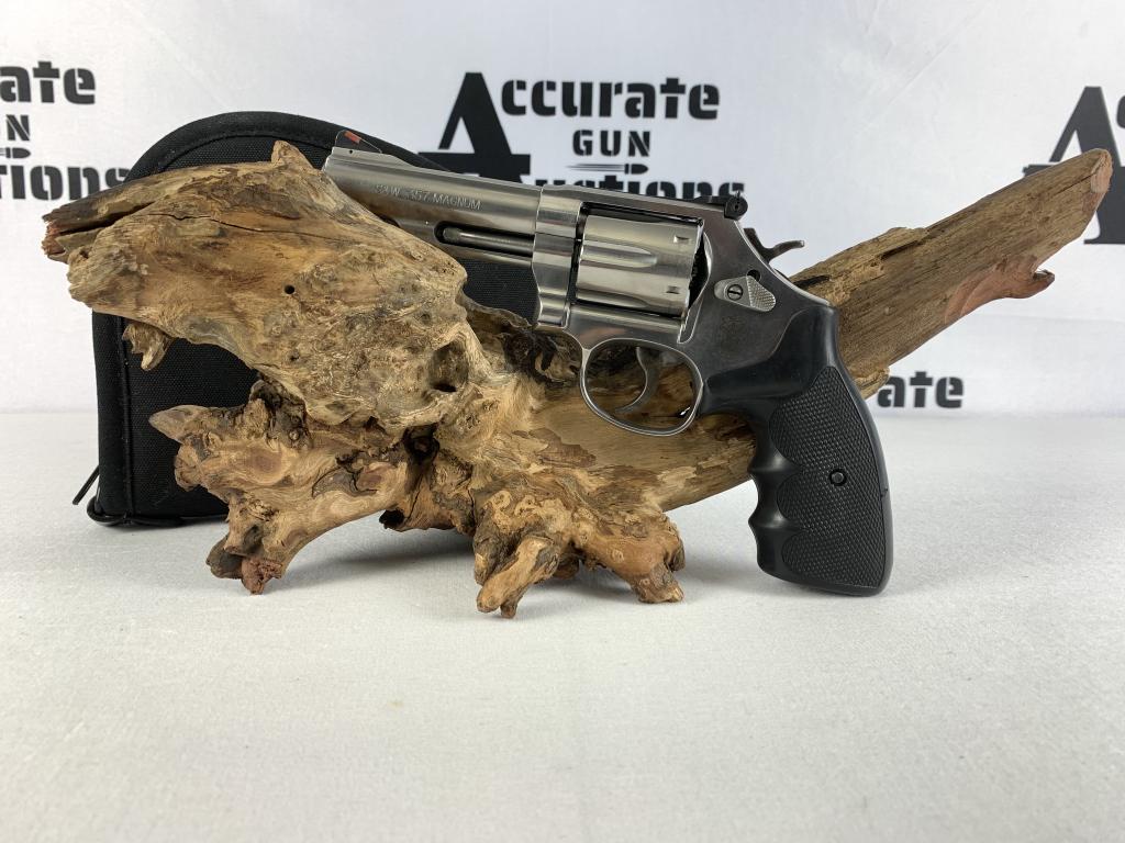 S&W 66 .357 MAG: This stainless steel S&W model 66 comes with rubber Uncle Mike's grips, has a ramp front sight and adjustable rear sight. Still breaks very smoothly and all markings are still highly visible. Also com