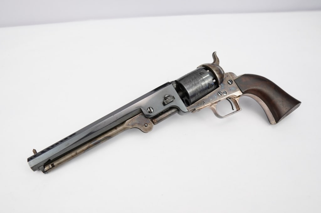Unknown Navy Replica .44 BP: This Italian made Colt Navy replica is chambered in .44 bp and features a case hardened receiver, 8" barrel, and comes with a box. Please see photos.