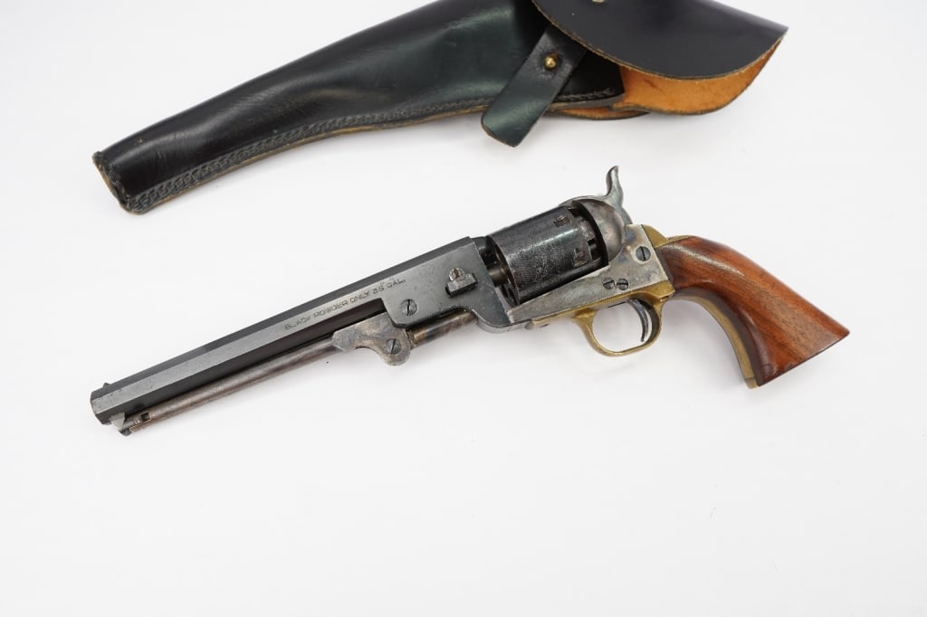 F. LLI Pietta 1851 Navy Yank Black Powder Revolver BP 36CAL: The Pietta 1851 Navy New Yank Revolver features a brass backstrap and a trigger guard modeled after the pistols of the Wild West. The New Yank revolver sports a steel frame with case-hardened finish, 