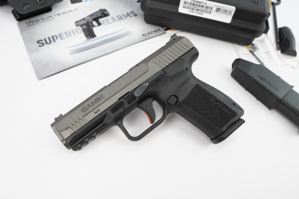 Canik TP9 SF Elite 9X19: The TP9 SF Elite is the medium-sized model of the TP Series, having a magazine capacity of 15 rounds. The model is titled ‘Elite’ due to its ambidextrous slide stop, brand new designed trigger saf