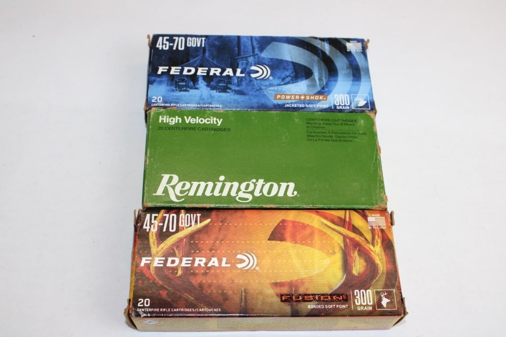 Misc Ammo Misc 45/70 GOVT 300 Grain .45/70 GOVT: Federal and Winchester boxes of 45/70 Govt. 3 total boxes of 20 each. Please see photos.