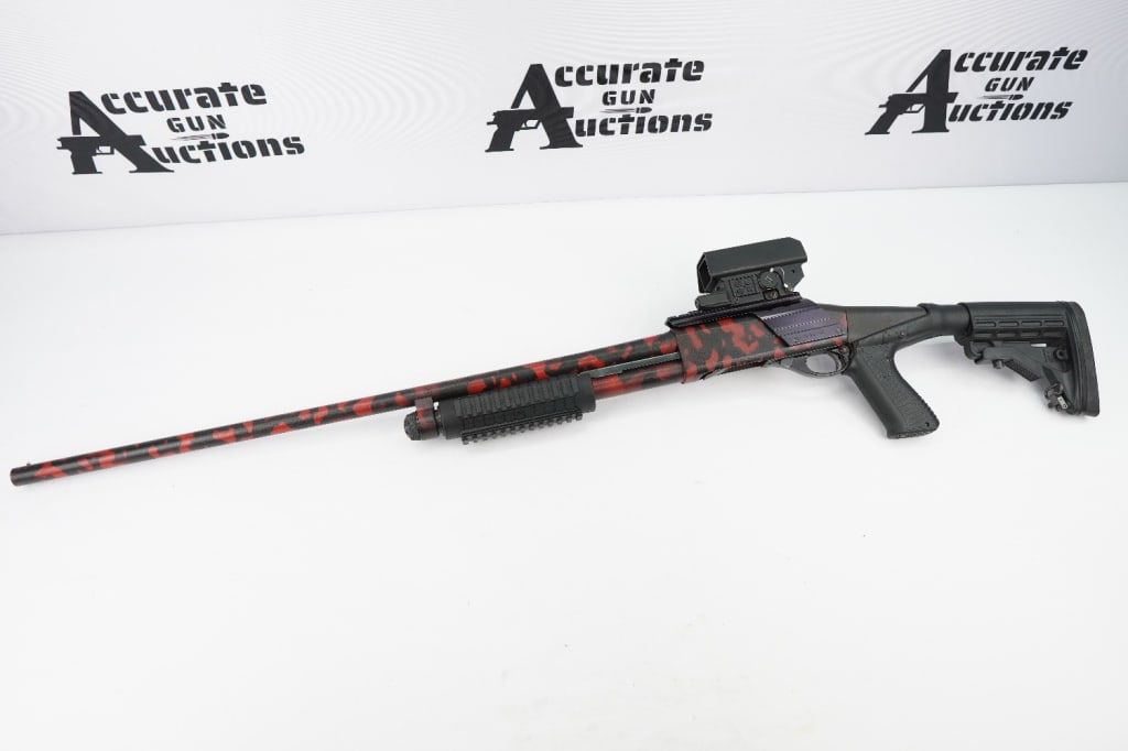 Remington 870 Wingmaster 16 GA: This custom fitted Remington 870 Wingmaster is chambered in 16 ga and features a 28” barrel. The barrel has been finished with a red camo and the shotgun has a collapsible stock, tactical foregr