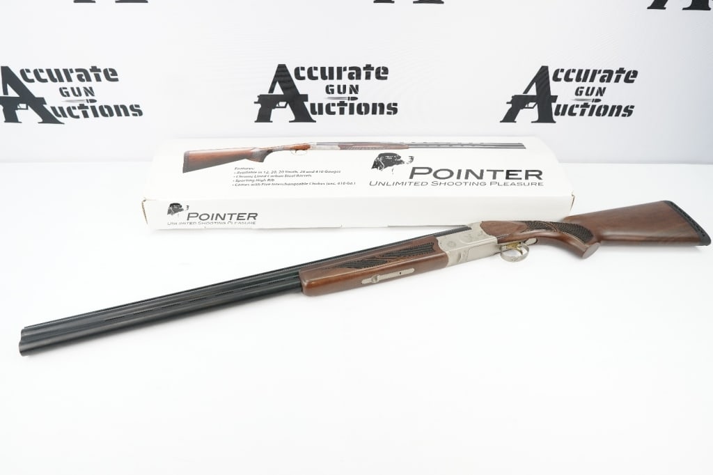 Pointer 1000 12GA: The Pointer 1000 Field 12 Gauge Over/Under shotgun features a 28" chrome-moly lined, carbon-steel barrel with a raised, ventilated rib. It is complemented by a walnut stock, as well as a fiber optic f