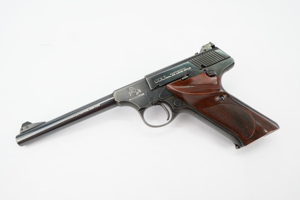 Colt Woodsman .22 LR: The Colt Woodsman is a semi-automatic sporting pistol manufactured by the U.S. Colt's Manufacturing Company from 1915 to 1977. It was designed by John Moses Browning. The frame design changed over tim