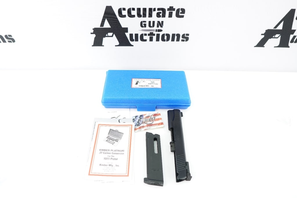 Kimber Platinum .22 Conversion For the 1911.45acp Pistol: Converts a Kimber .45 ACP as well as other brands of 1911 pistols into a .22 LR in less than one minute. Original case and 1 mag Please see photos.