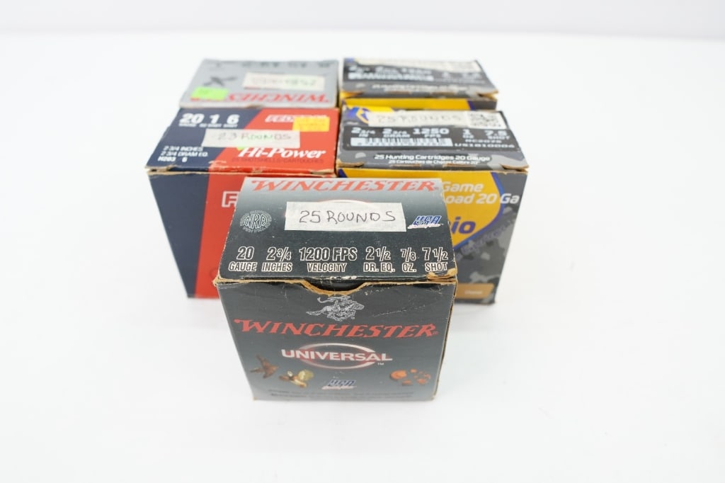 Misc AMMO Ammo 20 GA: Approx 123 Rounds 20 GA, 2 Boxes of winchester, 2 Boxes of Rio and 1 Box of Federal. Please see photos.