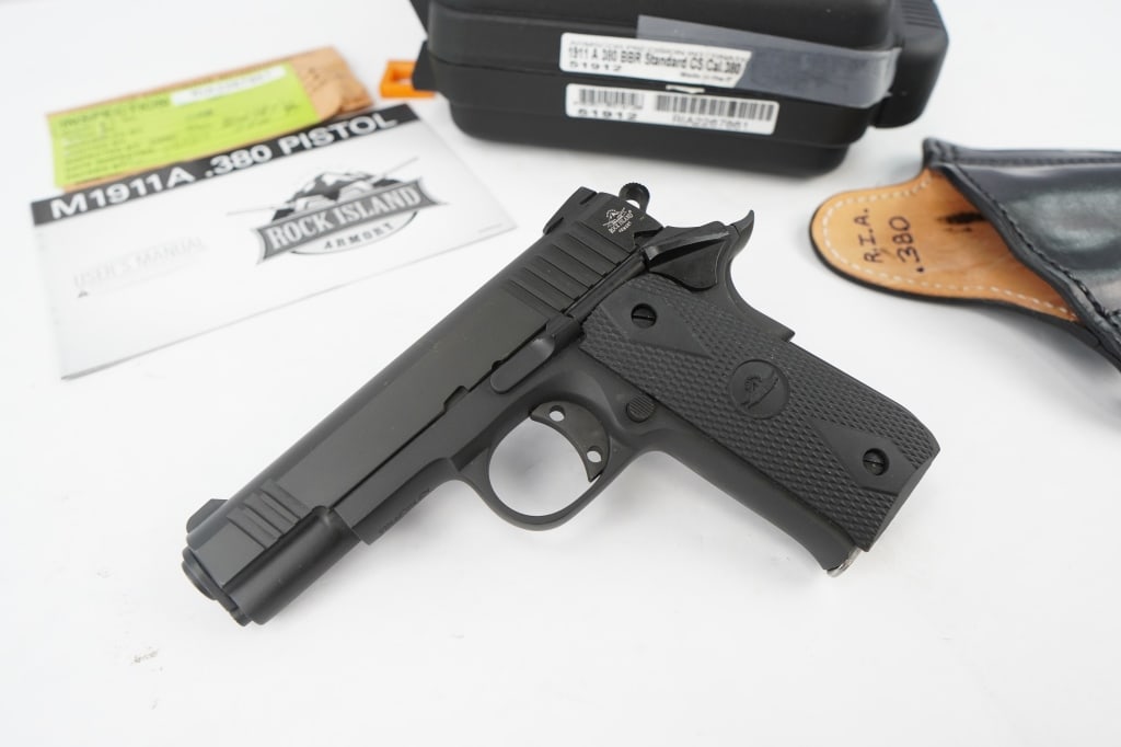 Rock Island Armory M1911A 380 Auto: The Baby Rock has a 3.75barrel and weighs in at 1.62lbs loaded. Includes stable low profile angled sights designed for consistent accuracy and reliability. Front and rear CNC angle grooves are cut for
