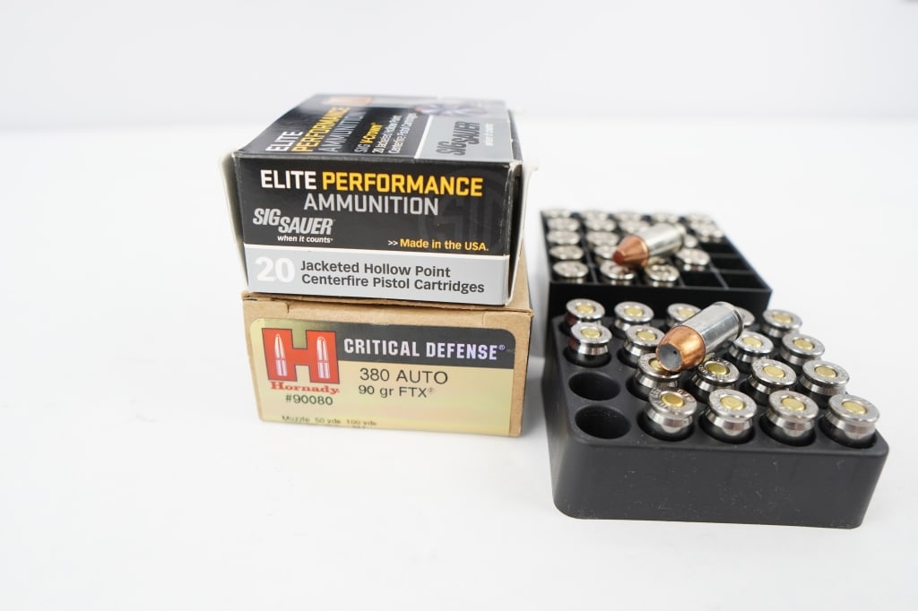 MISC 380 AMMO 380 Auto: 1 box of 22, Hornady Crtical Defense 380 Auto FTX 90 GR and1 box of 19 Sig Sauer Elite Jacketed HP, 90 GR. Please see photos