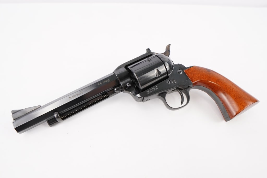 Cimarron Firearms Bad Boy .44 MAGNUM: The Bad Boy has a modern classic design with it's 6 inch octagon barrel, Pre-War frame, Army grip, and flat top with adjustable sights. Weather you're a hunter, target shooter or just looking for some