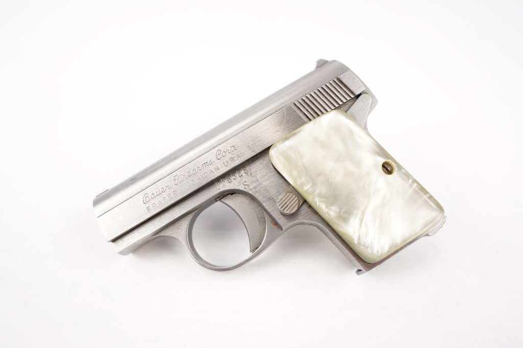 Bauer FIrearms Automatic .25 Auto: The Bauer Automatic is an American-made copy of the Baby Browning. Made of stainless steel, they are chambered in .25 ACP with a six-round capacity detachable box magazine. The Bauer was manufactured 