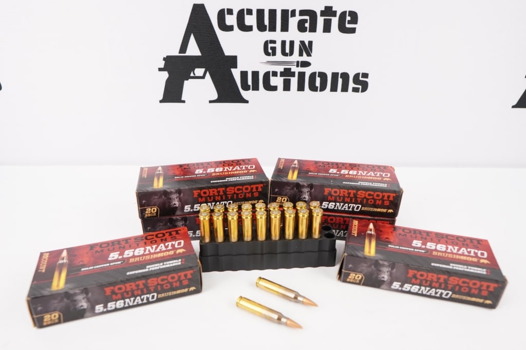 Fort Scott Munitions Brush Hog 100 Rounds 5.56 NATO: Fort Scott Munitions Tumble Upon Impact ammunition is an all in one designed cartridge. The TUI bullets are machined from solid copper or brass rods on a CNC lathe. TUI ammo tumbles end over end when 