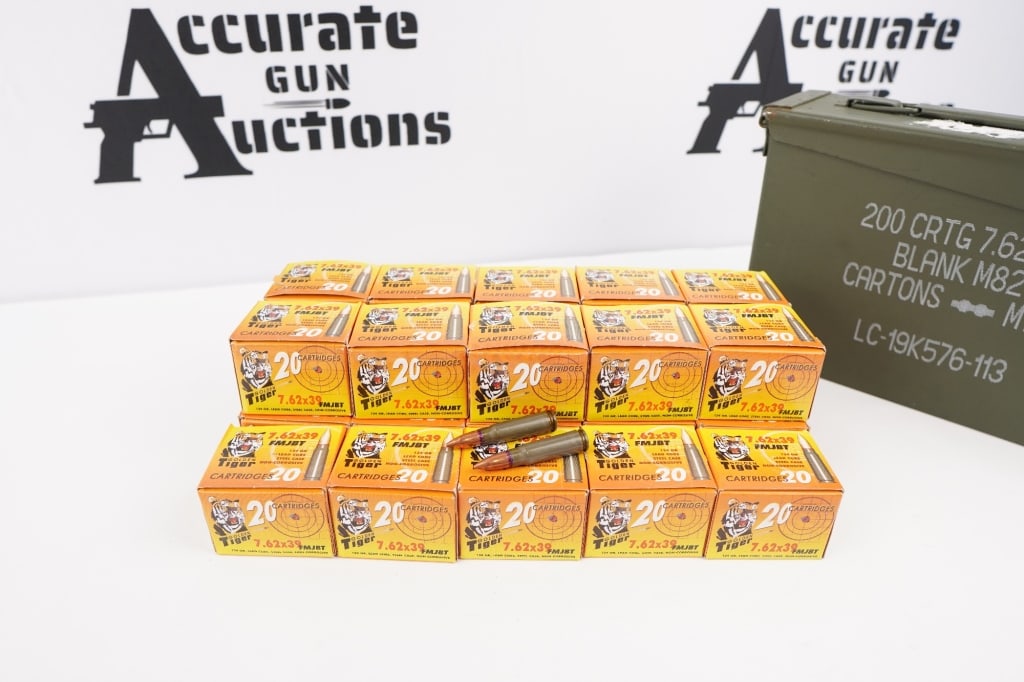 Golden Tiger 1000 Rounds 7.62x39: 124 GR FMJBT, Lead Core, Steel case, non-corrosive, 50 Boxes of 20 in Ammo Can. Please see photos.
