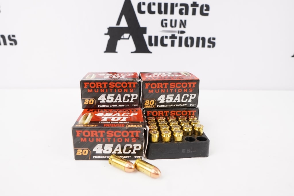 Fort Scott Munitions 100 Rounds 45 ACP: Fort Scott Munitions Tumble Upon Impact ammunition is an all in one designed cartridge. The TUI bullets are machined from solid copper or brass rods on a CNC lathe. TUI ammo tumbles end over end when 