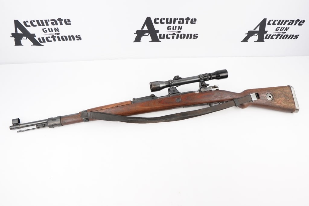 1943 MAUSER WEREK AG, OBENDORF a/N? 98 8mm: Manufacturer’s code byf, matching serial number 29712 on action, triggerguard, floorplate and stock. Bolt is a replacement adjusted for rifle scope. Firing Proofs Nazi-style eagles Acceptance Stamps