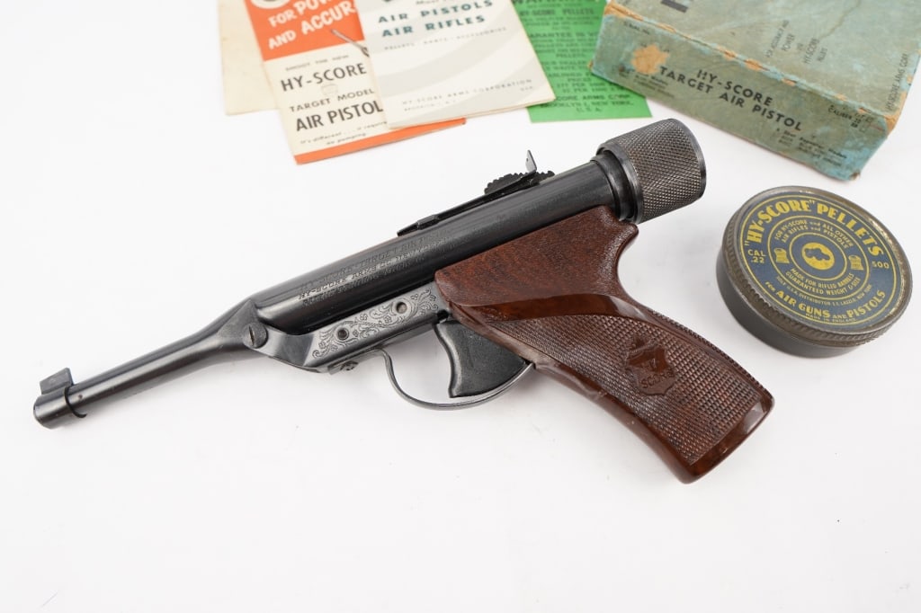 Hy-Score Target Air Pistol .177 (4.5 BB): Hy-Score was in operation in New York City from 1947 to 1970. They imported a great number of air pistols and rifles from Europe during their years of operation. However this air pistol was made here 