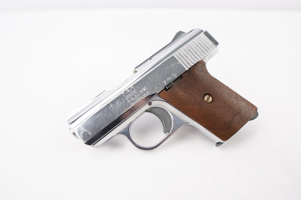 Raven Arms MP-25 .25 AUTO: Raven Arms was a firearms manufacturer established in 1970 by firearms designer George Jennings. The Gun Control Act of 1968 prohibiting the importation of inexpensive handguns prompted Jennings to de