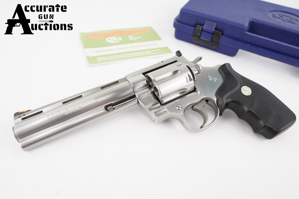 Colt Anaconda .45 Colt: The Colt Anaconda is a large frame double-action revolver featuring a full length under-barrel ejector-rod lug and six round cylinder, designed and produced by the Colt's Manufacturing Company in 1990