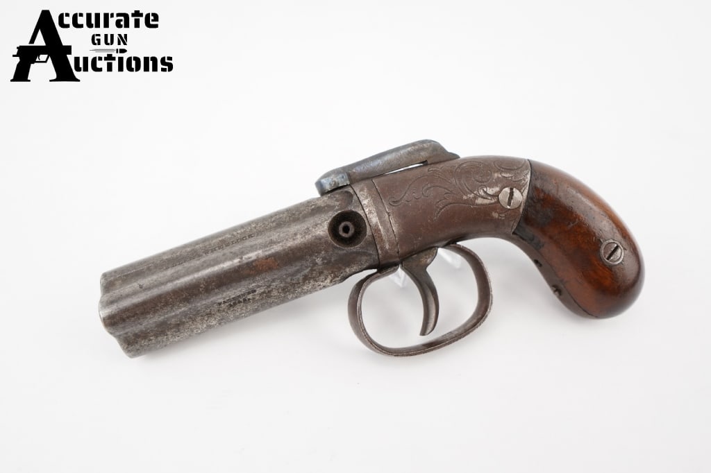 Allen & Wheelock BP Pistol .36 BP: 4-barrel pepperbox manufactured by Allen & Wheelock, exhibiting clean bores and a nice patina throughout the firearm. Multiple variations of this pepperbox exist, with this one appearing to be of the 