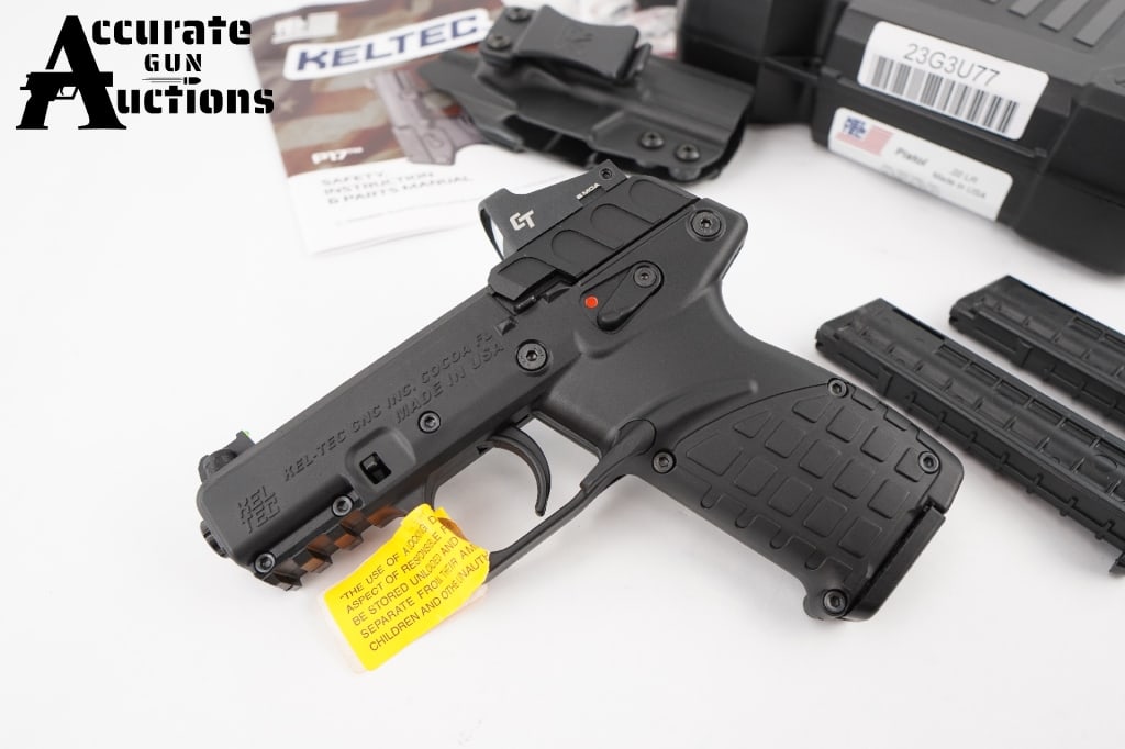 Kel-Tec P-17 .22 L.R.: At less than 14-ounces fully loaded, and barely longer than a dollar bill, the P17 is concealable for pretty much anyone. Kel Tec has partnered with Crimson Trace to bring you an optics slide for P17.