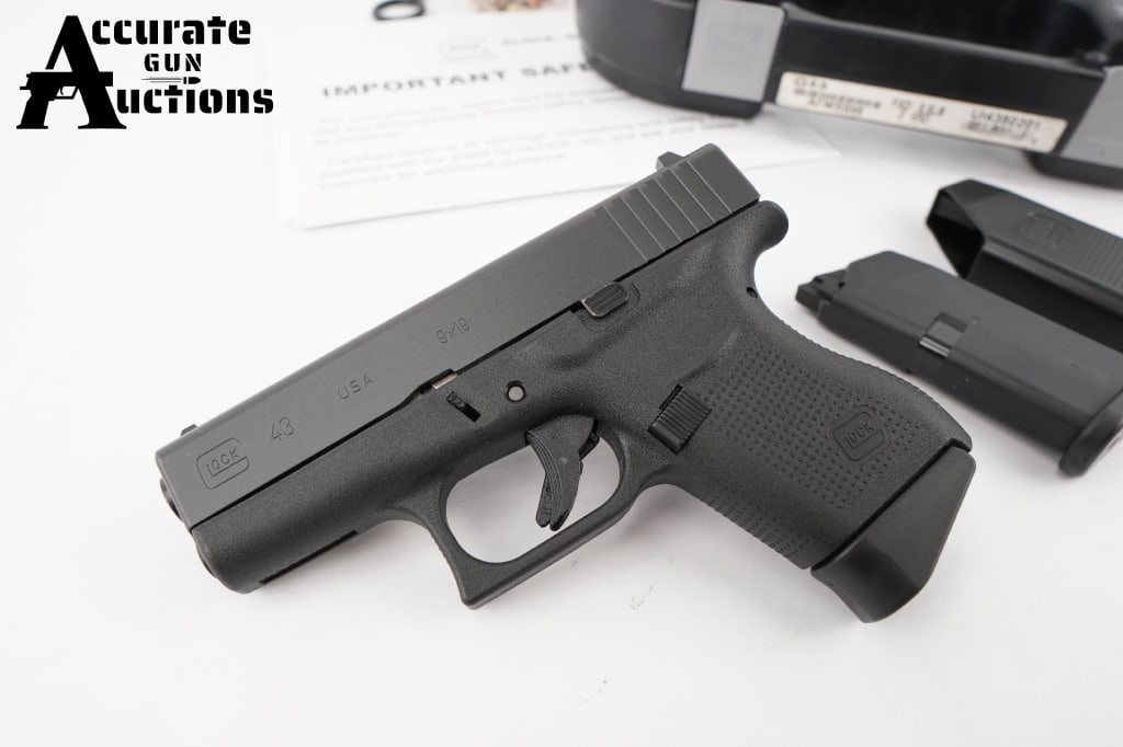 Glock 43 9xx19: The Glock 43 Semi-Auto Pistol utilizes a single-stacked magazine in 9mm to make it slim and compact, specifically for concealed carry use. This pistol comes with the original case and 2 mags. This pis