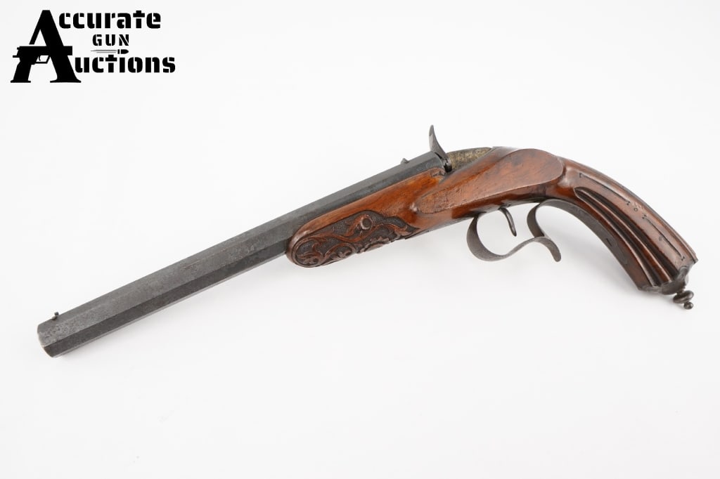 NVM Flobert Style 6mm: Flobert style pistol chambered in 6mm. Belgium proof marks indicating manufacture date between 1810 to 1853, per Lee Kennett's published in the 32nd edition of The Gun Digest (1978) and identified in 