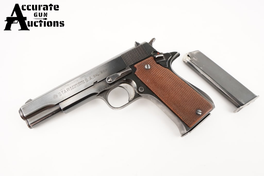 Star Modelo Super 9mm: This Star Model B is a single-action semi-automatic pistol that fires the 9 mm Parabellum pistol cartridge. It was produced by Star Bonifacio Echeverria, S.A. in Spain. The 1911 style pistol features 