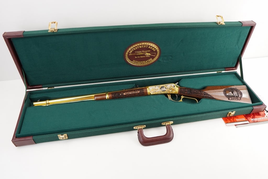 Winchester 94AE .45 Colt: NUMBER 9 OF 10! This Winchester model 94 AE is chambered in 45 Colt. 20" barrel, drilled and tapped receiver (factory), and walnut stock/forearm. Rifle is gold plated (24 karat) and engraved by Invest