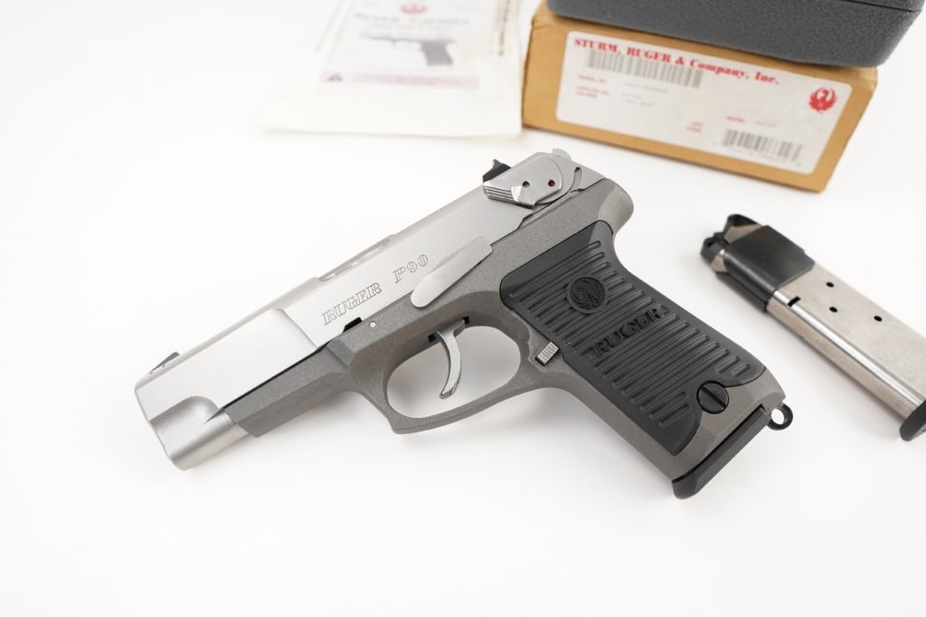 Ruger P90 45 ACP: This Ruger model P90 features Stainless Steel finish, 4.5? barrel The Ruger P90 is an upscaled version of Ruger?s solid P89 platform but chambered in .45 ACP. It utilizes a SIG P220-style locking syst