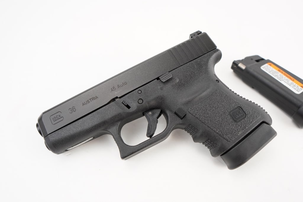 Glock 36 .45 ACP: Six rounds of 45 Auto in a package that fits into the hands of any user. The GLOCK 36 presents grip ergonomics of the next dimension. The GLOCK single stack magazine allows for a slim frame and a slid