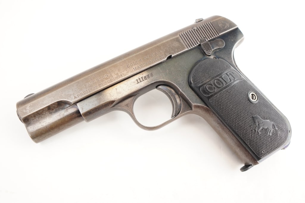 Colt 1903 Hammerless .32 Rimless: Manufactured in 1911. During their 42-year manufacturing run?1903 to 1945?more than half a million of these pistols were made. The 1903 Colt was quite popular among businessmen,military officers and c