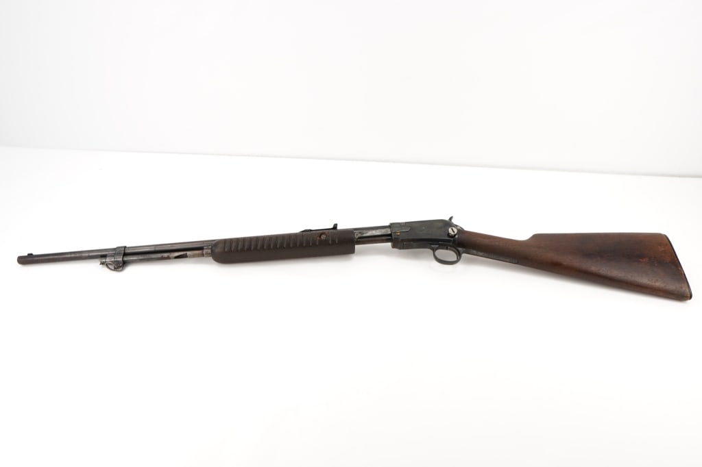 Winchester 62A .22 S/L/LR: The Winchester Model 62A is a tube-fed, slide-action rimfire rifle that can use .22 Short, .22 Long, and .22 Long Rifle cartridges. This 1952 Winchester Rifle features a 23” barrel and shows a r