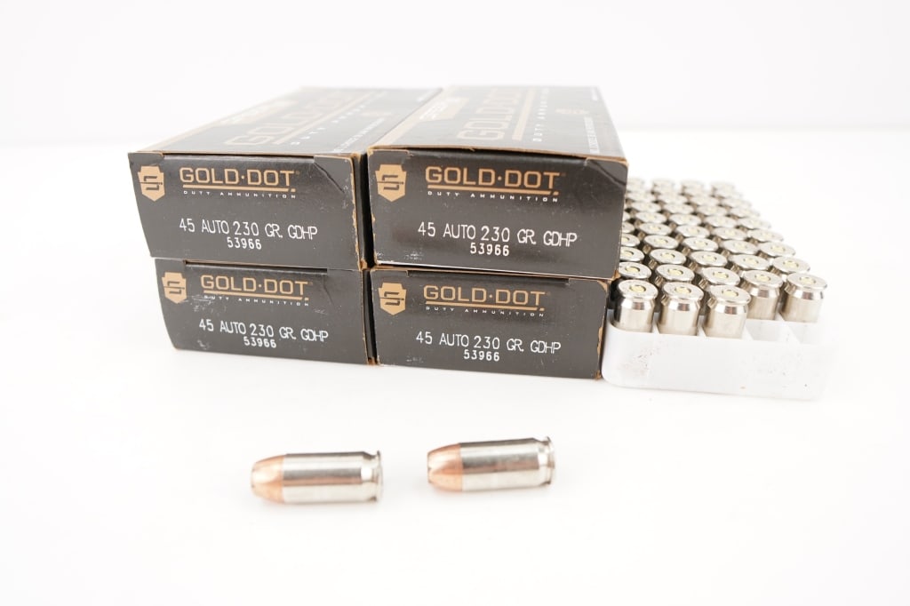 Speer 200 Rounds .45 Auto: 4 boxes of (50) Speer Gold Dot .45 AUTO 230GR Hollow Point. Please see photos.